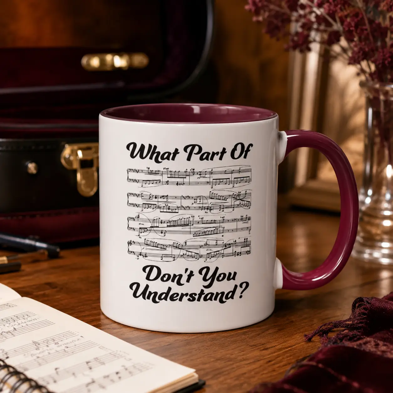 Funny Music Teacher Mug, Black Handle Coffee Cup, “What Part Don’t You Understand” Sheet Music Mug, Musician Gift