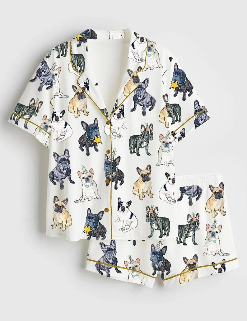 Women's French Bulldog Pajama Set, Women’s Satin Pajamas, Bulldogs Football Satin Nightwear, Bulldogs Football For Her Satin Pjs