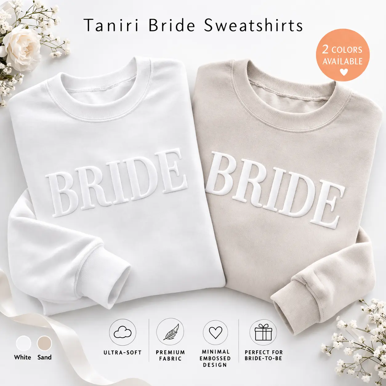 Taniri Women's Bridal Hoodie Sweatshirt - Fitted, Casual Chic, Casual OOTD, Soft Minimal Round Neck Long-Sleeve Top, Puff Print, Embossed Bride Pullover, Wedding Morning Outfit, Outfit Inspiration, Crew Neck, Pullover Hoodie, Cute, Halloween, Lady, Breath