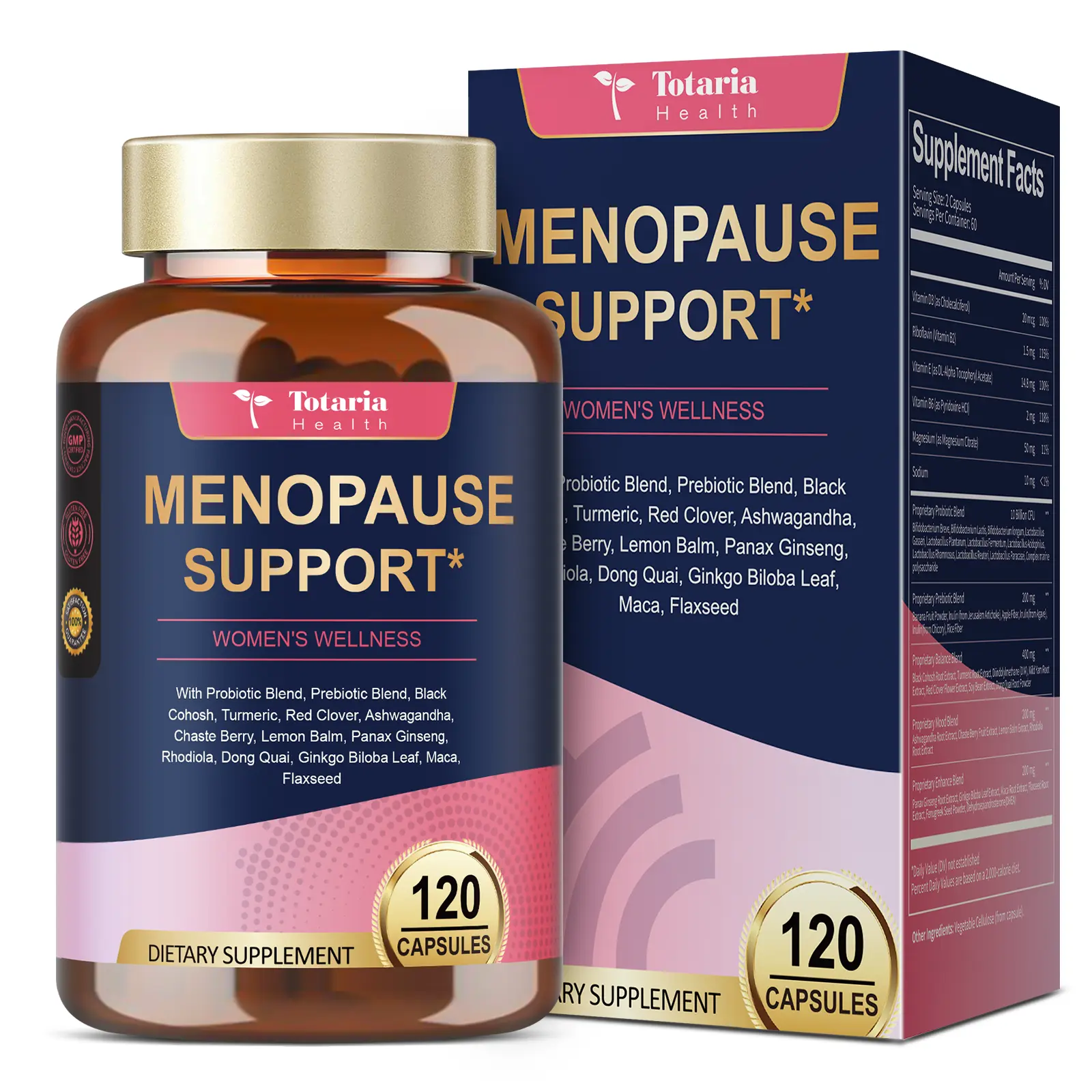 Totaria 40-in-1 Menopause Supplements for Women, Multibenefit & Complete Black Cohosh for Hot Flashes, Night Sweats & Hormone Balance, w/ Probiotics, DIM, Vitex, Dong Quai, Red Clover  120 Vegan Caps Healthcare Dietary Edible Fitness Vitamins Capsule