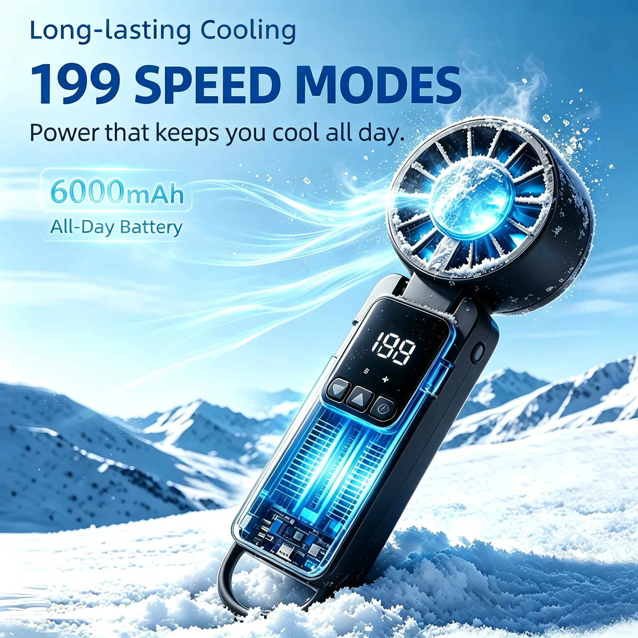 Portable Turbo Hand Fan for Heat Relief, 199 Adjustable Speeds, Digital Display, 6000mAh Rechargeable Mini Pocket Fan, Foldable USB Cooling Fan for Dorms, Campuses, Travel,