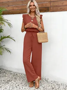 Women's 2-piece set: Womenswear Solid color fashionable lace round neck flutter sleeve sleeveless top   high-waisted straight-leg drawstring loose wide-leg lightweight pants, suitabl for summer, commuting, casual home wear, and gatherings.