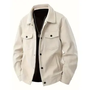 Men's Corduroy Work Jacket with Multi-Pocket Flap Design, Casual Long Sleeve Button Collar, Polyester Material Workwear Jackets