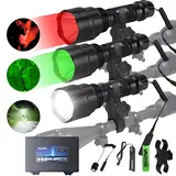 High Power 350yd Rechargeable Aluminium Outdoor LED Flashlight - Compact, Waterproof, Long-Range Handheld Spotlight with Pressure Switch, Red Lamp/White/Green Lights, For Hunting, W/ Gift Box