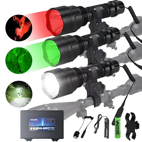 High Power 350yd Rechargeable Aluminium Outdoor LED Flashlight - Compact, Waterproof, Long-Range Handheld Spotlight with Pressure Switch, Red Lamp/White/Green Lights, For Hunting, W/ Gift Box