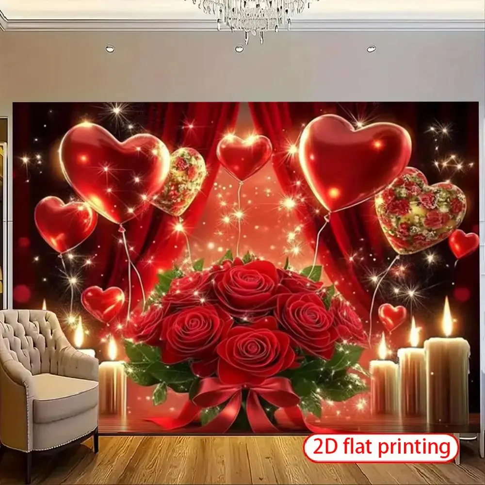 1PC Polyester 2D Flat Romantic Love Heart Rose Candle Backdrop Banner, Birthday Decorative Tapestry, Warm Atmosphere Photo Backdrop for Bedroom & Living Room