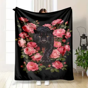 Black Panther Pink Peony Flannel Fleece Throw Blanket Ultra Soft HD Print Floral Animal Design Non Shedding Warm Cozy Lightweight Sofa Couch Bedroom Home Decor Unique Gift