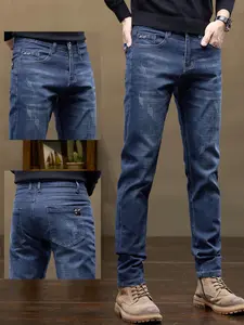 Men's Casual Slim Fitting Stretch Denim Jeans, Durable Comfortable Design, Perfect for Daily Wear & Outings, Y2K Style Vintage Blue Color