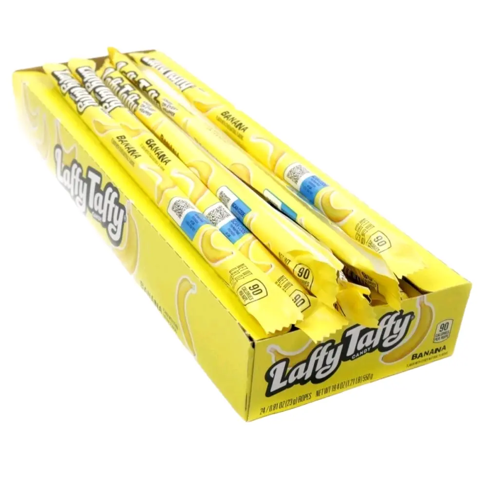 Laffy Taffy Banana Flavor Taffy Ropes - 24-Count Boxed Pack, Low Sodium Natural Candy with Sugar-Sweet Taste, Disclosed Ingredients, 12-Month Room Temp Freshness, Ideal for US Cupboard Storage, Party Snacks, Novelty Candy Option, 12 Months