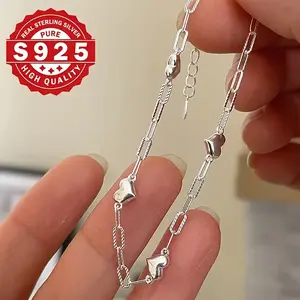 Sterling Silver 925 Bracelet For Women, 3D Heart Link Chain, Figaro Clasp, Elegant & Cute Style, Simple & Delicate Jewelry