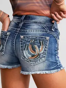 New Women's Stretch Denim Jeans and Distressed Washed Denim Shorts New Women's Stretch Denim Jeans and Distressed Washed Denim Shorts