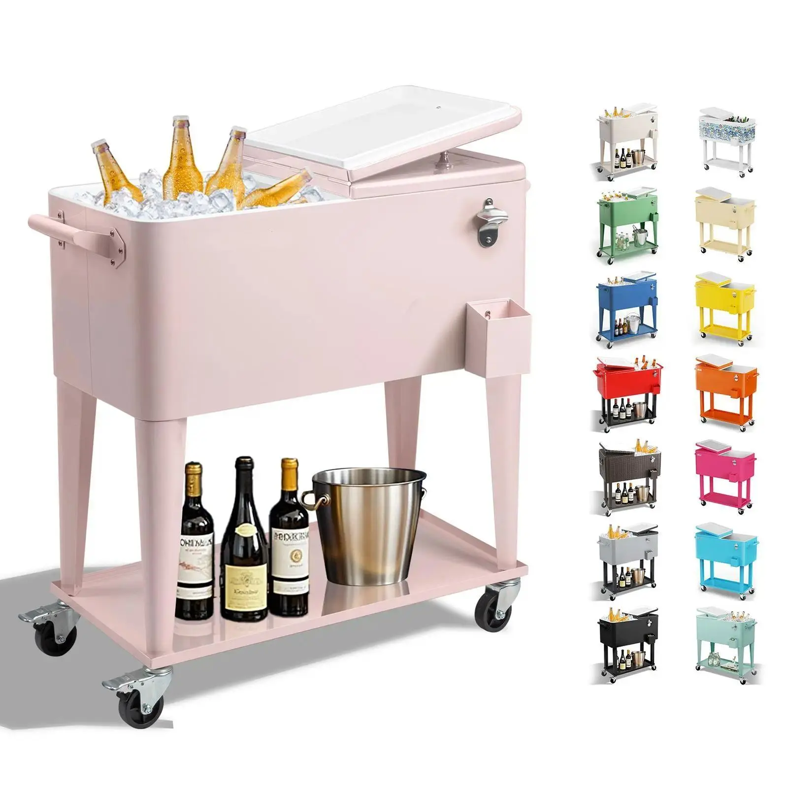 80 Quart Patio Cooler Rolling Cooler Ice Chest with Shelf, Wheels and Bottle Opener, Portable Patio Party Drink Cooling Cart with Shelf, Beverage Pool with Bottle Opener