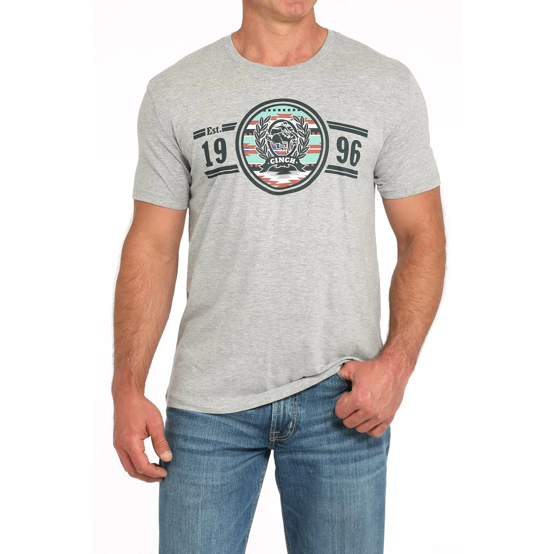 Cinch Men’s Classic Short-Sleeve Round Neck Graphic Casual T-Shirts, Gray Multi-Color Logo Menswear Top