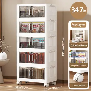 Naviconvex 400QT / 600QT / 750QT XXXXL Extra Large Foldable Storage Cabinet with Magnetic Doors & Wheels – 25.6in / 29.5in / 34.7in Width, 3/4/5 Tier Stackable Plastic Organizer for Kitchen, Bathroom, Bedroom & Closet