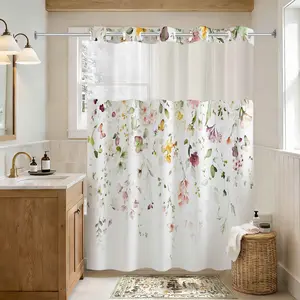 Double Layer Bathroom Shower Curtain, Watercolor Floral Pattern, Waterproof, No Hooks, Easy Installation, Rustic Style, Hotel, Dorm, Home Decor