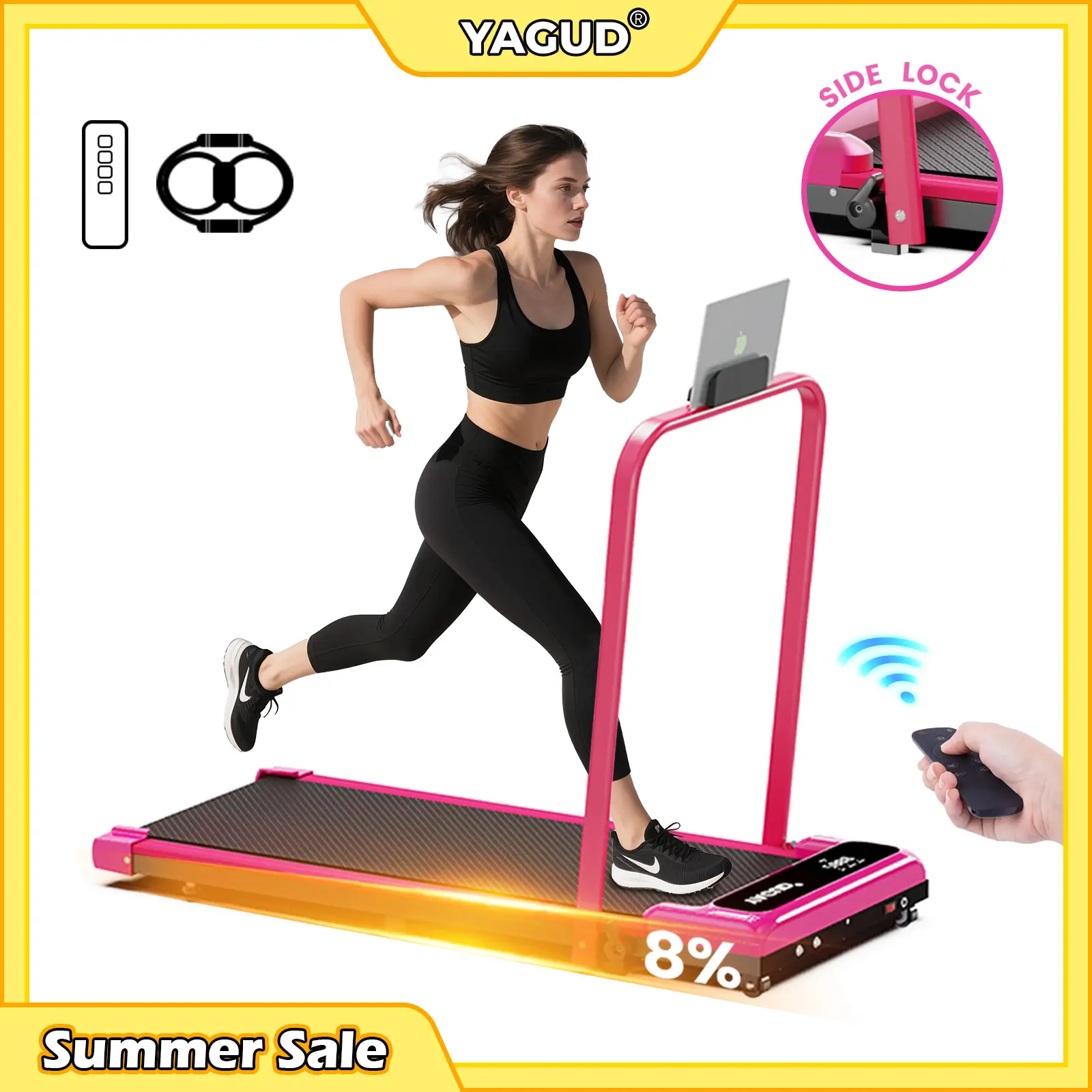 【New Arrival】SUMMERSALE YAGUD Electric Folding Treadmill with Handrail, Low Noise Motor – 265lbs Weight Capacity Spacious Belt Walking Pad, Dual Shock Absorption, Remote Control & Wheels for Easy Moving – Includes Free Resistance Bands and Remote