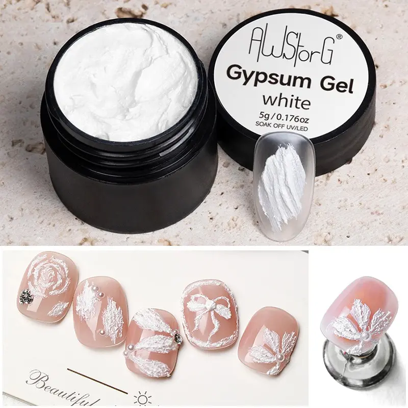 AWStorG 5g Gypsum Gel White 3D Nail Carving Gel Sculpture Plaster Effect UV LED Soak Off Gel Nail Polish With UV Light Varnish Engraving Lacquer For Nail Art