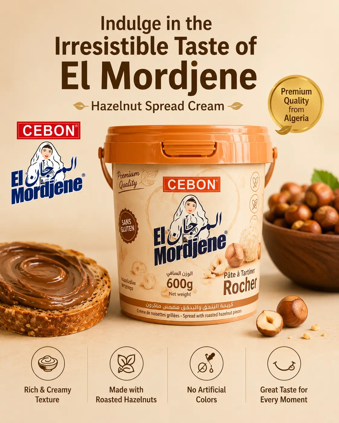 CEBON Hazelnut-Rich Cream Rocher Spread, 600g Palm Oil-Free, Sweet, Casual Room Temp Use, Delectable Roasted Nut Pieces, Versatile Pantry Preserve for Youth Tartines, Snacks