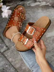 Women's Fashionable Studded Decor Double Band Slides, Double Strap Slides, Casual Comfortable Flat Sandals for Summer, Lightweight Breathable Shoes for Daily Wear, Girl, Fashion Slippers