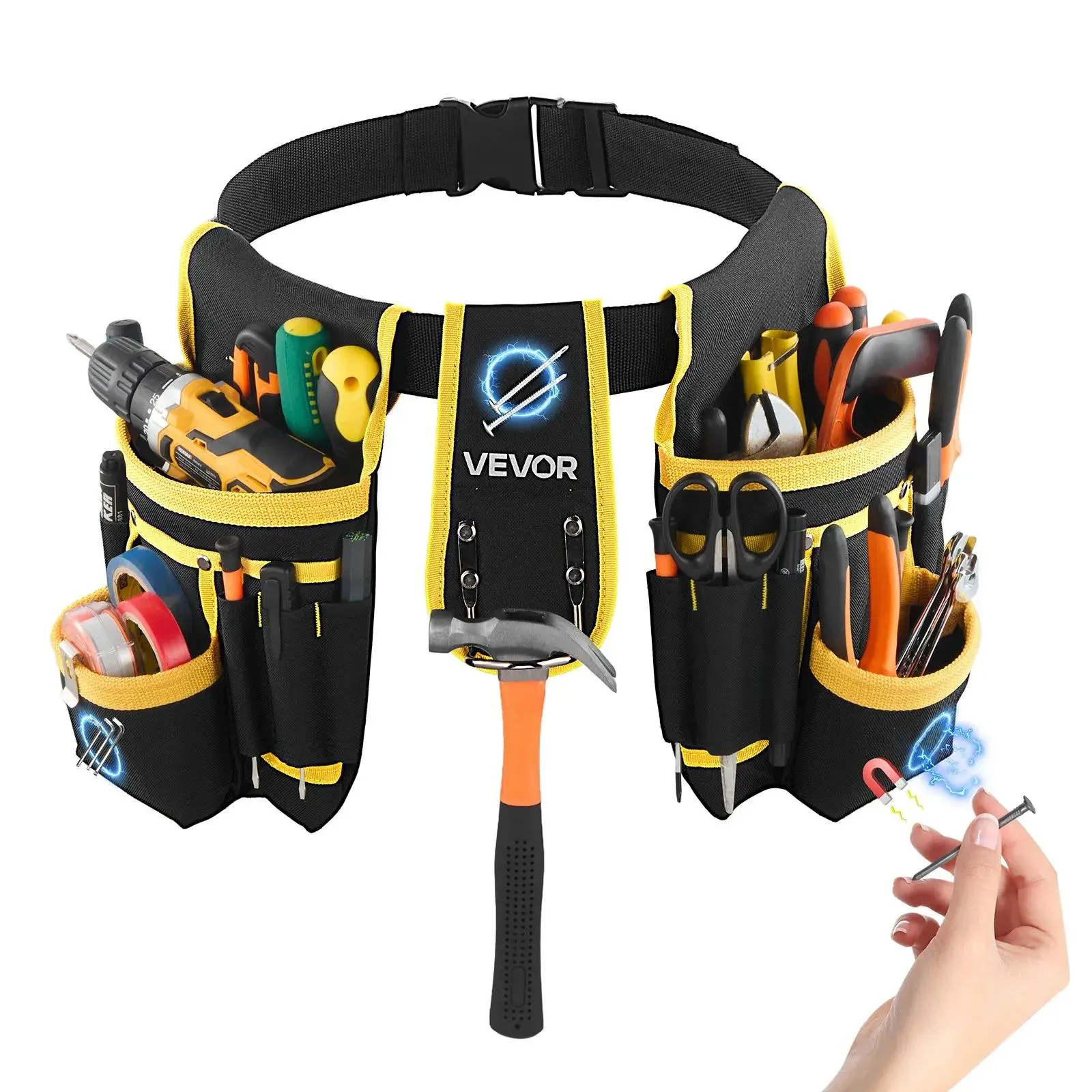 【Summerfinds】Heavy-Duty VEVOR Tool Belt with 3 Magnet Zones, Magnetic Pouch, Tool Pockets & Detachable Buckle Bag, 600D Fabric Portable Organizer Apron, Adjustable 31-48in Waist for Construction & Carpentry, Husband Work Accessories, Portable Tool Bag