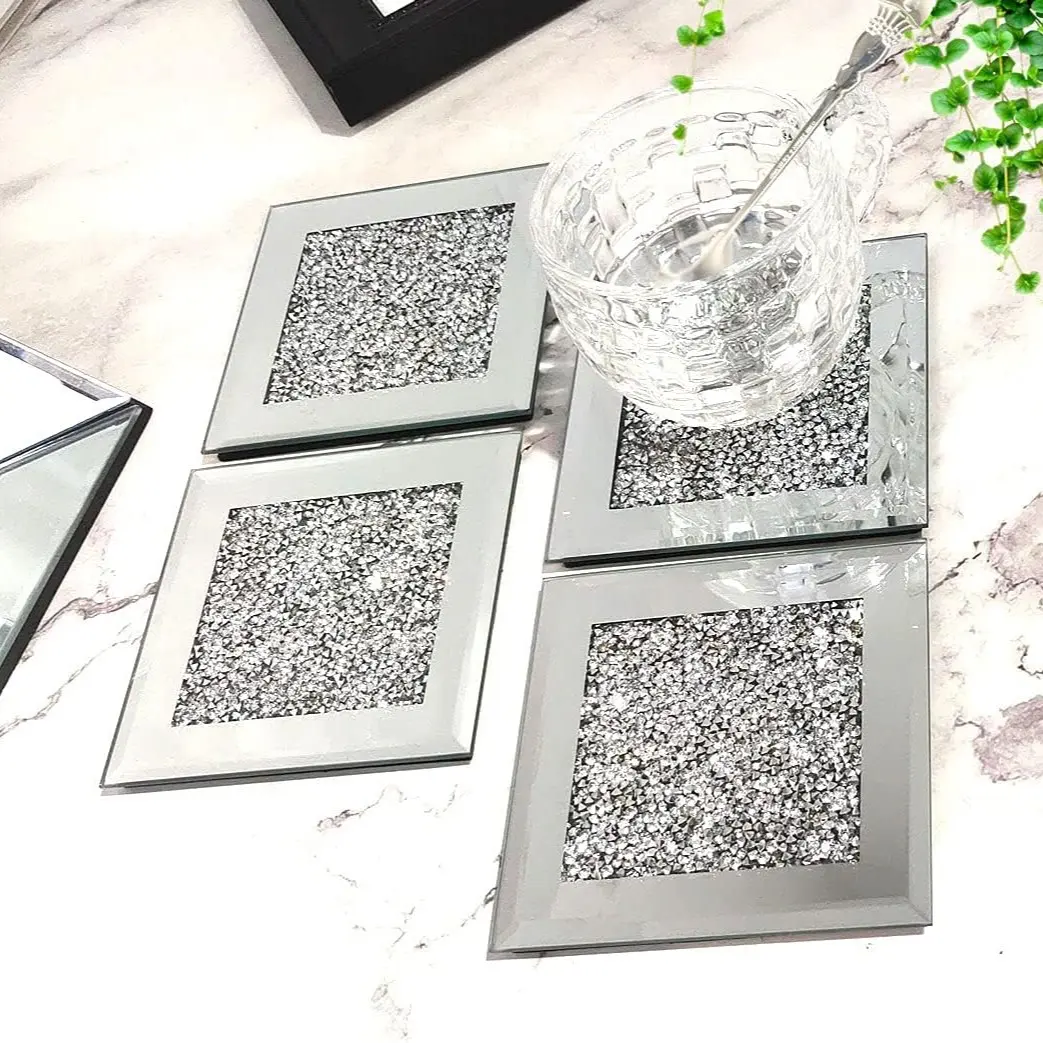 4PCS Glass Mirrored Decorative Coaster Set, Crushed Diamond Square Cup Mat 4" Decor on Tabletop for Bar Tools Dining Table, Diamond Coasters