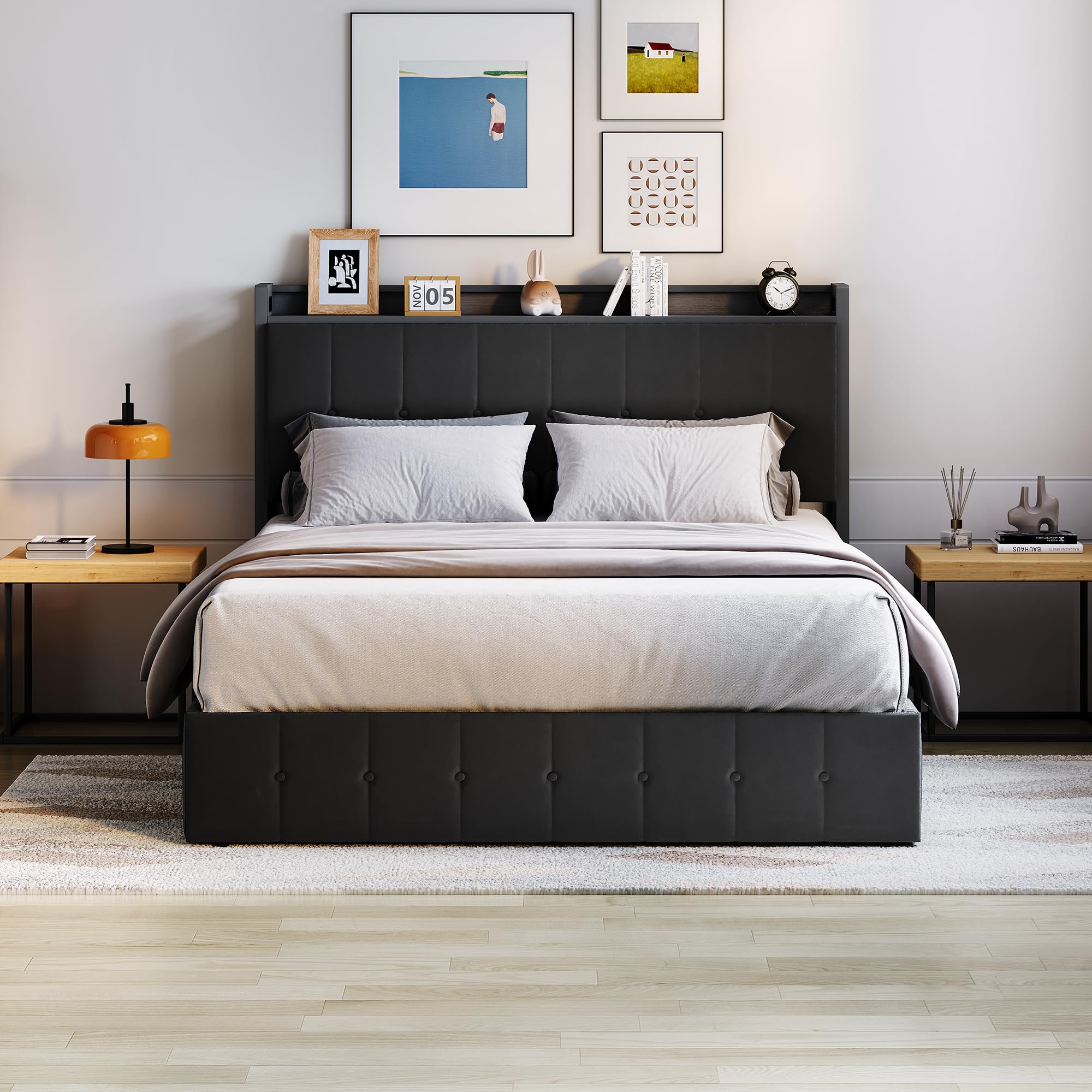 Full Bed Frame with Lift Up Storage, Upholstered Velvet Bed with Storage Headboard, Metal Platform Bed, Hydraulic Support, No Box Spring Needed,Black