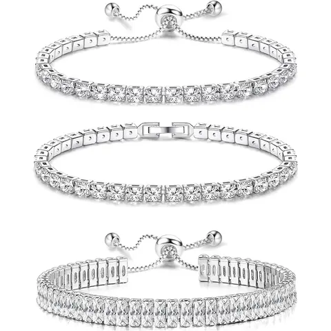 Women's 3 Pcs Icy Cool 4mm Silver-Plated Metal Bracelets & Bangles - Durable, Casual, Classic Design, Adjustable Stack with Refreshing Cubic Zirconia for Daily Use, Parties
