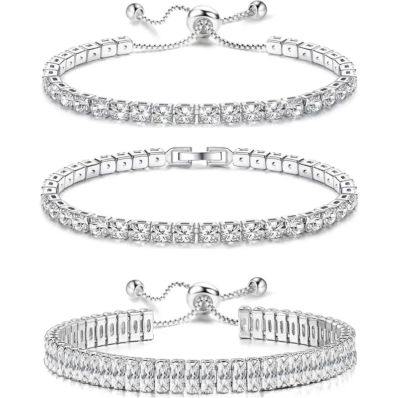 Women's 3 Pcs Icy Cool 4mm Silver-Plated Metal Bracelets & Bangles - Durable, Casual, Classic Design, Adjustable Stack with Refreshing Cubic Zirconia for Daily Use, Parties
