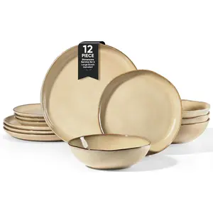 12 count Stoneware Dinnerware Sets for 4, Irregular  Dinner Plates and Bowls, Kitchen Dining Dish Dishware Set, Microwave & Dishwasher Safe, Cream Khaki