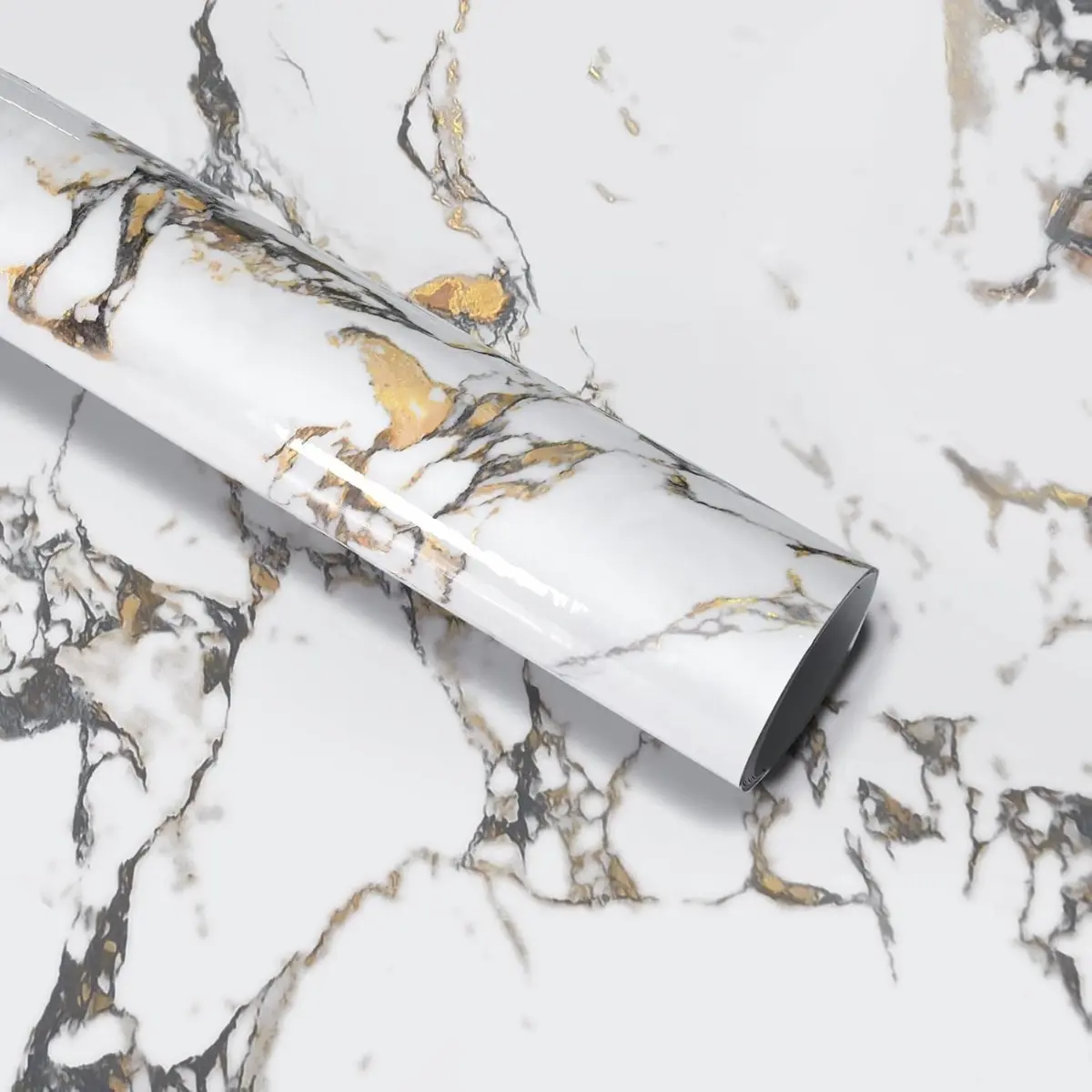 White Gold Marble Self-Adhesive Decorative Paper Furniture Stickers, Smooth Easy-to-Clean Marble Pattern Wallpaper, Peel-and-Stick Removable Cover for Kitchen Cabinets, Custom DIY Projects on Clean Surfaces