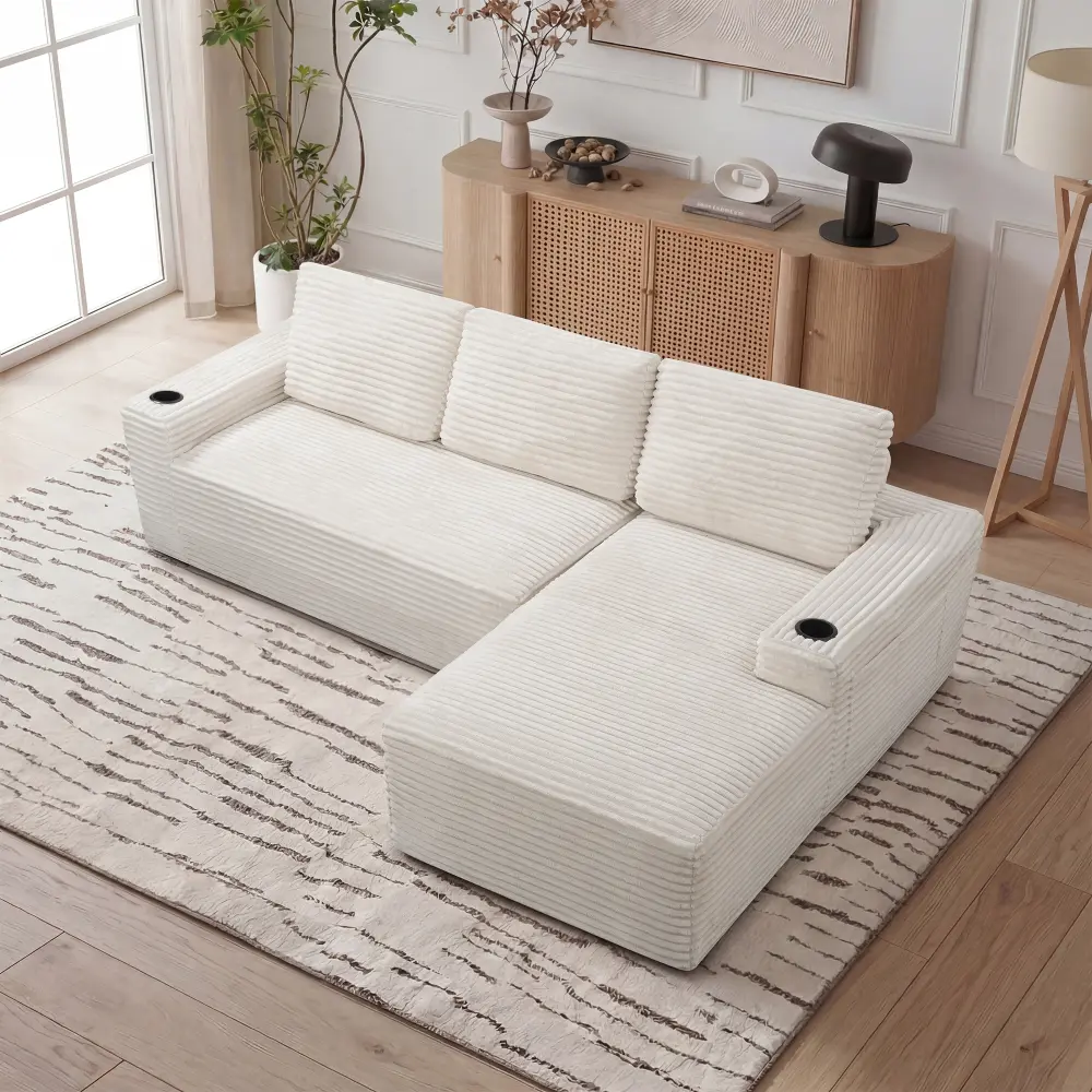 Plush Sturdy Traditional Corduroy Upholstered L-Shaped Sectional Sofa Couch with Chaise Lounge, Ribbed Durable Fabric Living Room Set, 2 Built-in Cup Holders, Side Storage Pockets for Daily Relaxation