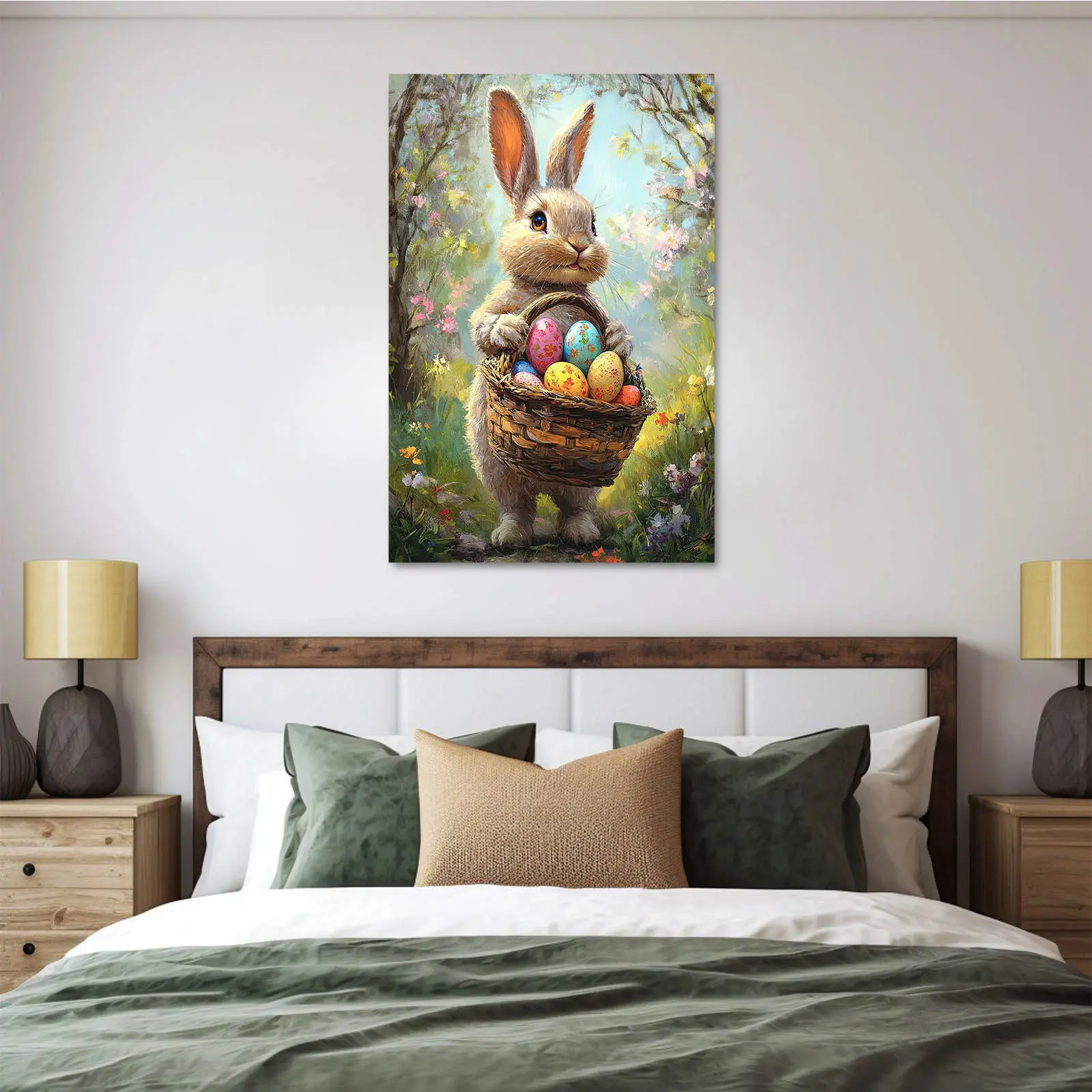 Adorable Easter Bunny Pattern Easter Basket Painting Easter Egg Art Childrens Room Decoration Spring Bunny Poster Trendy Home Wall Art Print for Living Room