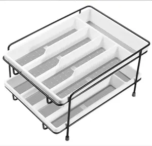 2 Pieces Plastic Silverware Organizer with Steel Rack, Grey Kitchen Set Compartment Drawer