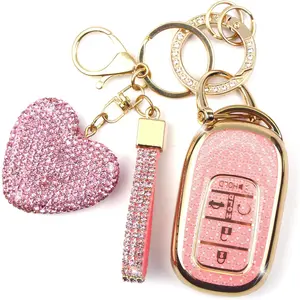 Key Fob Cover with Diamond Keychain Car Key Holder Compatible with Honda 2023 2024 Accord Civic HRV CRV Pilot Smart Remote Key Protector for Women 5 Buttons, (Pink-Heart)