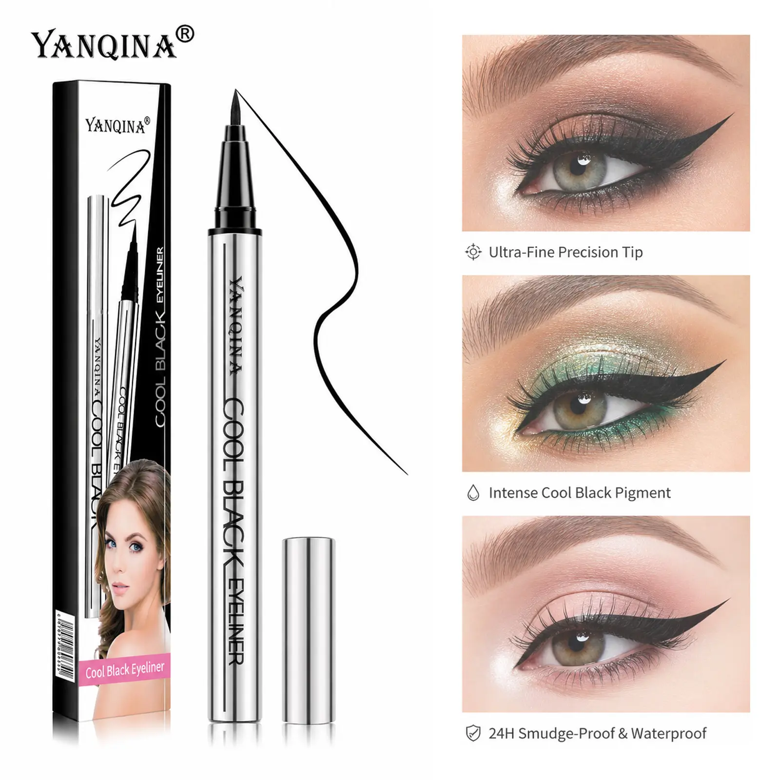[YANQINA] Long-lasting eyeliner - 24HR Waterproof Quick-drying Intense Black Eyeliner Ultra-Fine Tip Smudge-proof Long-Lasting Formula