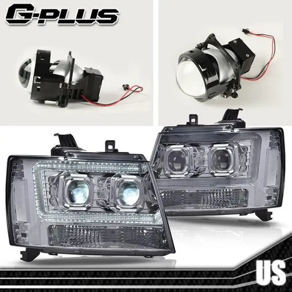 G-PLUS LED Headlight Kit Pair Set for 07-13 Chevy Avalanche, 07-14 Tahoe Suburban, Smoke/Chrome Finish, Car Lighting Exterior Upgrade Assemblies