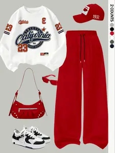 Women's Casual Loose Fit Hoodie Set Outfit, Letter Print Long Sleeve Sweatshirt Top and Pants, Fall Winter Two-Piece, Comfortable and Stylish