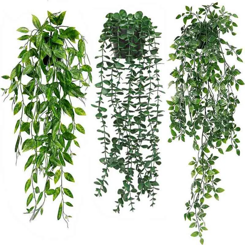 3-Pack Lightweight Artificial Hanging Potted Evergreen Plants with Leaves - Aesthetic Home Decor, Office Fake Greenery for Hyperrealism Garden Pots & Planters