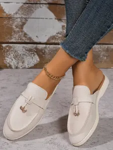 Women's Casual Open Toe Half Slipper Flat Sandals, Comfortable Velvety Fabric Rubber Shoes for Daily Wear, Plain Pattern, Less Than Ankle Height