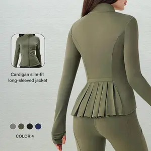 Women's Zipper Sports Jacket Pleated Design Lightweight Slim Fit Stand Collar with Thumb Holes Sporty Style Breathable Outerwear Gym Workout Set