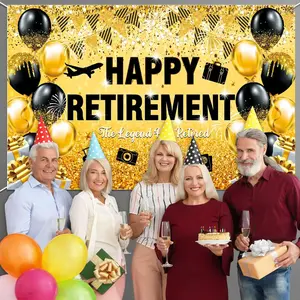 Golden Happy Retirement Party Banner, Polyester Material, Retirement Background Logo, Indoor & Outdoor Decoration, Birthday Anniversary Event Supplies