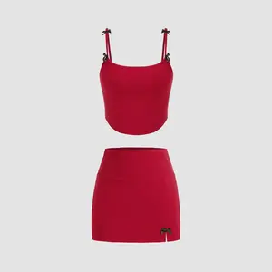 Cider [size 2-26] Bowknot Solid Crop Cami Top & Mini Skirt
