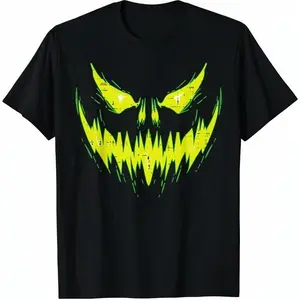 Men's Oversized 100% Cotton Round Neck Shortsleeve Graphic Tshirt - Smooth Durable Casual Top, Funny Scary Jack-O-Lantern Pumpkin Print, Ideal for Halloween