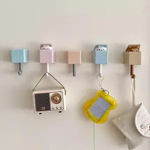 4-Count Plastic Smooth Cat Design Adhesive Hooks, Punch-Free Hangable Home Organiser, Multicolor Kitchen Utility Hangers for Coats, Keys, Decor-Friendly Home Organization Gift