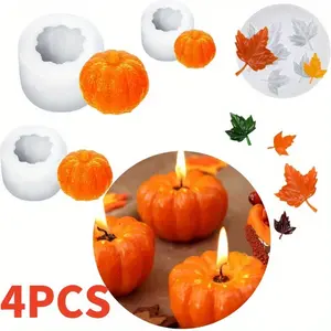 4 Pieces Pumpkin & Leaf Candle Molds, Thanksgiving Silicone Mold 3D Halloween Pumpkin Silicone Mold for Pumpkin Candles, Soap, Jelly, Chocolate and Pumpkin Crafts Decoration