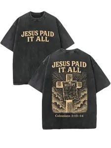 Men's 230 Pure Cotton Retro Washed Short-Sleeve Round Neck Distressed Casual Streetwear T-Shirt, Double-Sided 'JESUS PAID IT ALL' Letter and Cross Pattern Print, Christian Gift