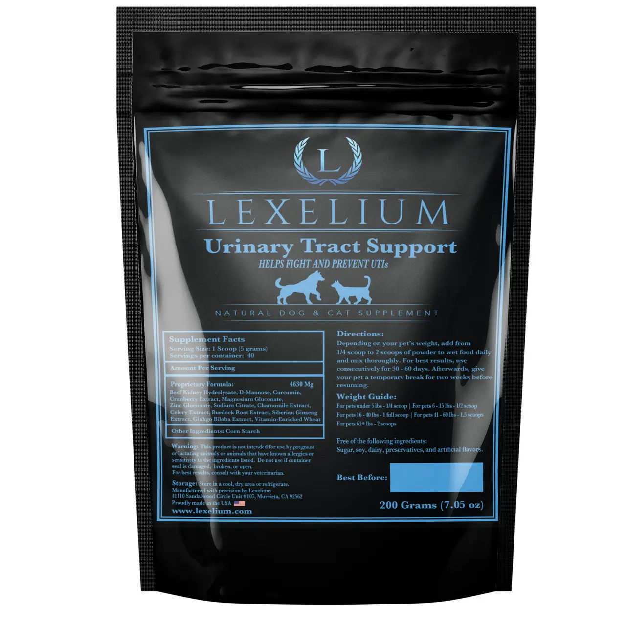 Lexelium Urinary Health Supplement for Dogs & Cats | D-Mannose, Cranberry Extract, Curcumin & Chamomile | Supports Bladder, Kidney & Urinary Tract Health – 200g