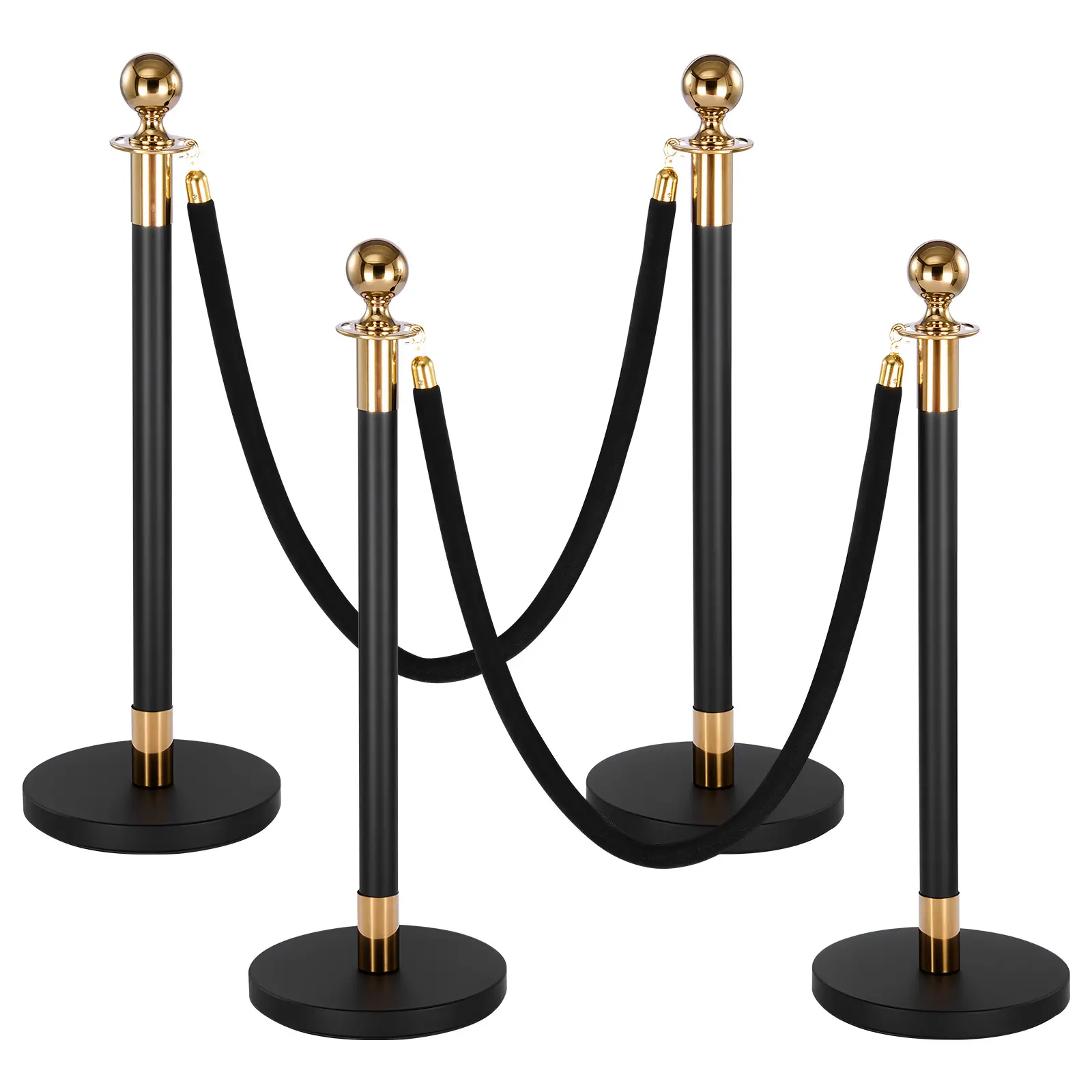【Summerfinds】VEVOR 4-Pcs Heavy Duty Stainless Steel Stanchion Post Set, Sturdy Luxury Solid Design with 2 Black Velvet Ropes & Anti-Rollover Rubber Hollow Base, Crowd Control Queue Barrier for Wedding, Bridal Shower Gift (Black)