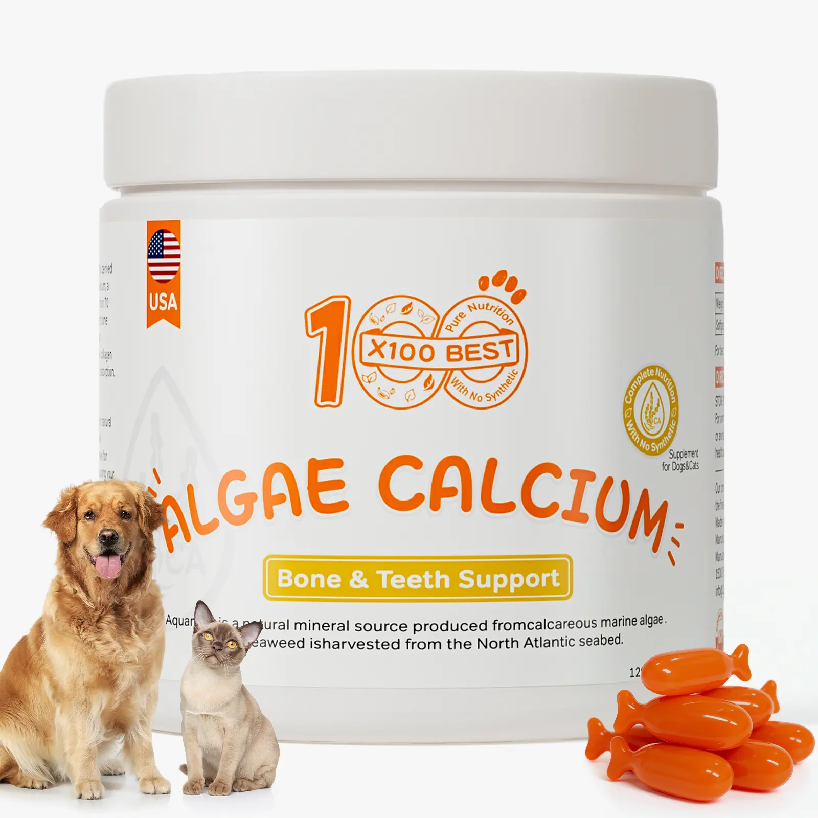 X100BEST Pet Collagen Liquid Calcium Softgels for Dogs & Cats - 96% High Absorption Algae Calcium with Vitamin D3 K2 & Bioactive Collagen Peptides - Supports Pet Bone Density & Joint Health -120 Count