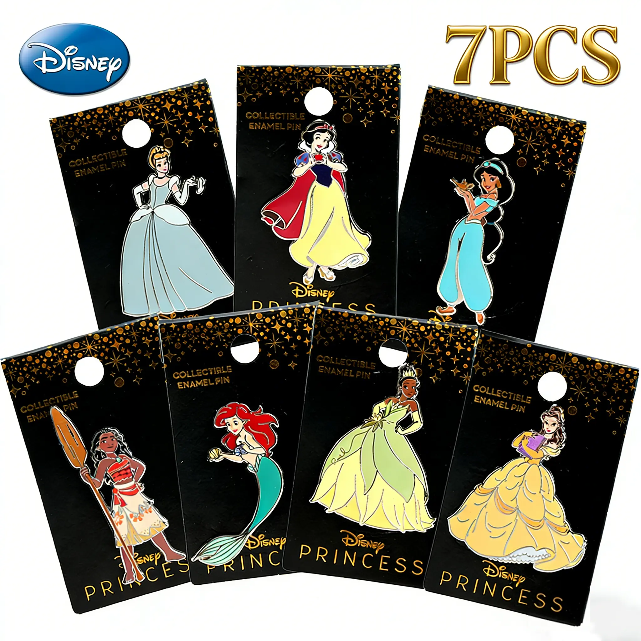 7PCS Disney Princess Pin Officially Licensed Gorgeous Gown Dress Gold-foil Belle Jasmine Ariel Snow White Tiana Cinderella Moana Anime Brooch Backpack Decoration Jacket Lapel Anti-Rust Exquisite Alloy Enamel Collectible Gift